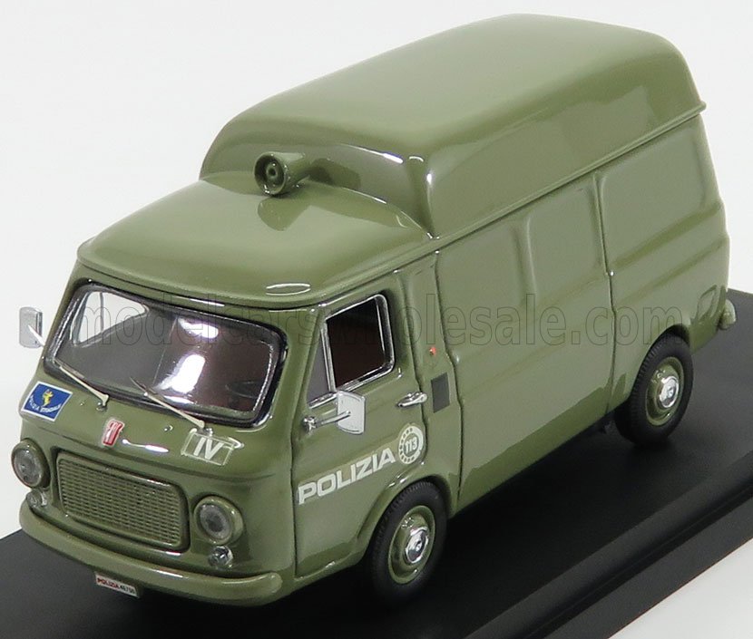 Modelo vintage de furgoneta verde de la Polizia italiana con características detalladas disponible a través de la plataforma Vroomi.