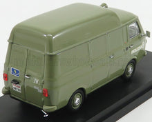 Modelo vintage de furgoneta Polizia Fiat en color verde oliva, disponible en la plataforma de exposición a través del mercado Vroomi.