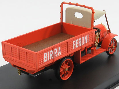 Modelo vintage de camión de reparto Birra Peroni rojo con plataforma de madera y toldo beige, ahora disponible en Vroomi.