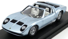Light blue Lamborghini Miura model car with white interior on display stand available via Vroomi platform