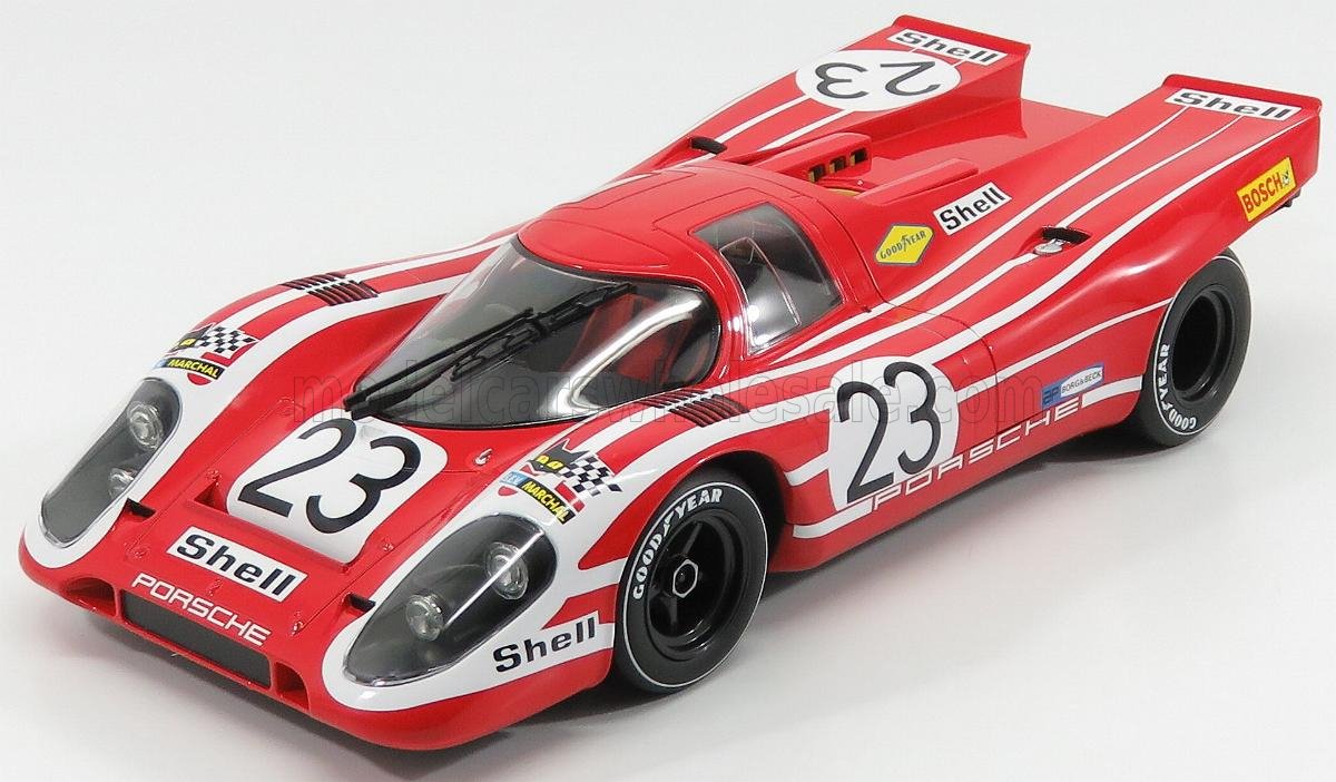 Modelo de coche de carreras Porsche rojo y blanco 23 con logotipos de Shell y Goodyear, disponible en Vroomi.