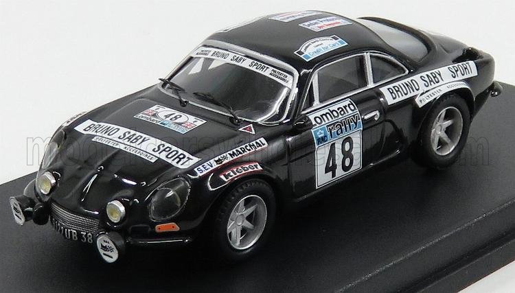 Black vintage Bruno Saby Sport rally car model with number 48, detailed decals, featured on Vroomi