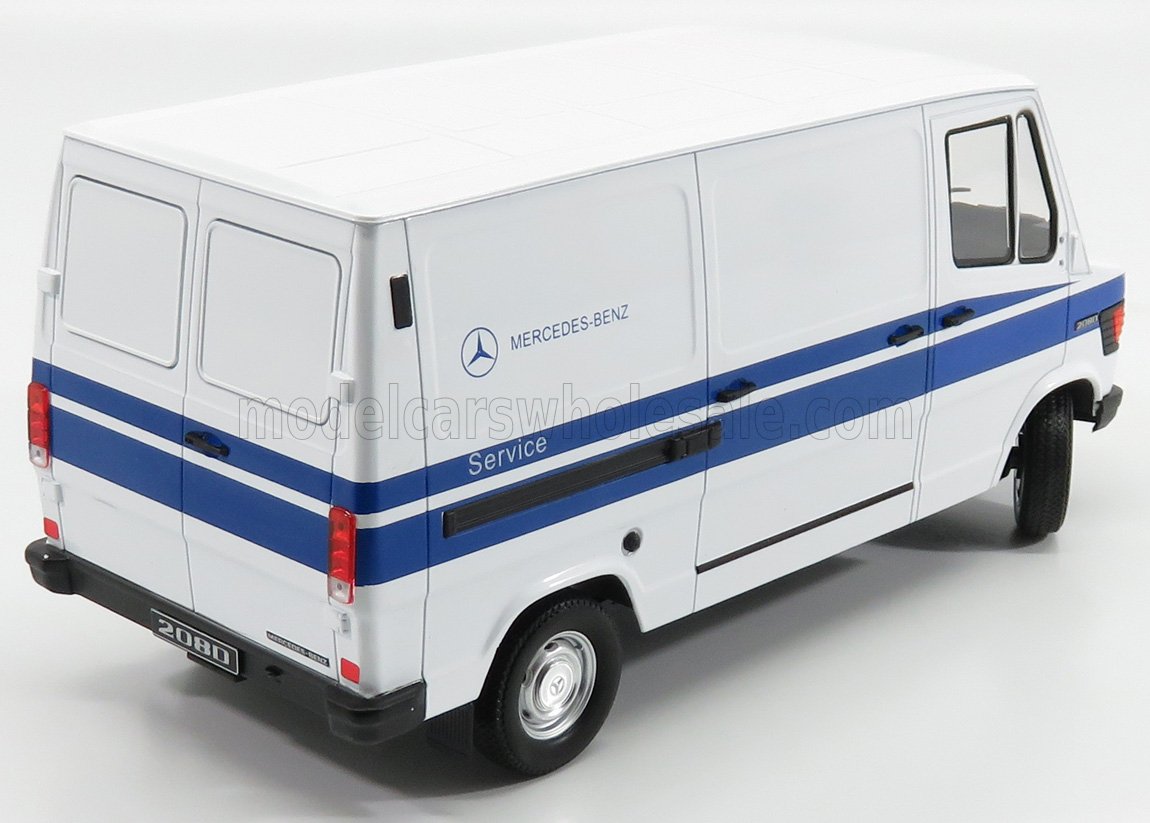 Mercedes-Benz 208D service van scale model, white with blue stripes, available for collectors on Vroomi.