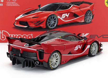 Red Ferrari FXX K Evo model car with number 54 and Pirelli tires, featured on Vroomi platform