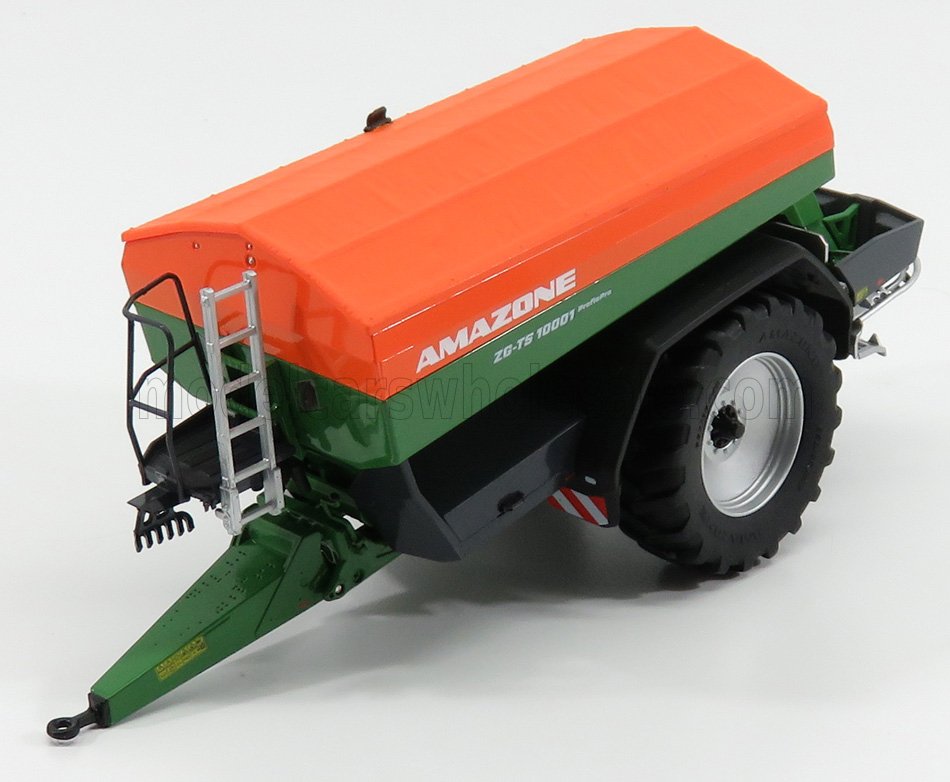 Maqueta de maquinaria agrícola de precisión Amazone ZG-TS 10001 a escala 1/18 con cubierta naranja y neumáticos negros grandes, disponible en Vroomi.