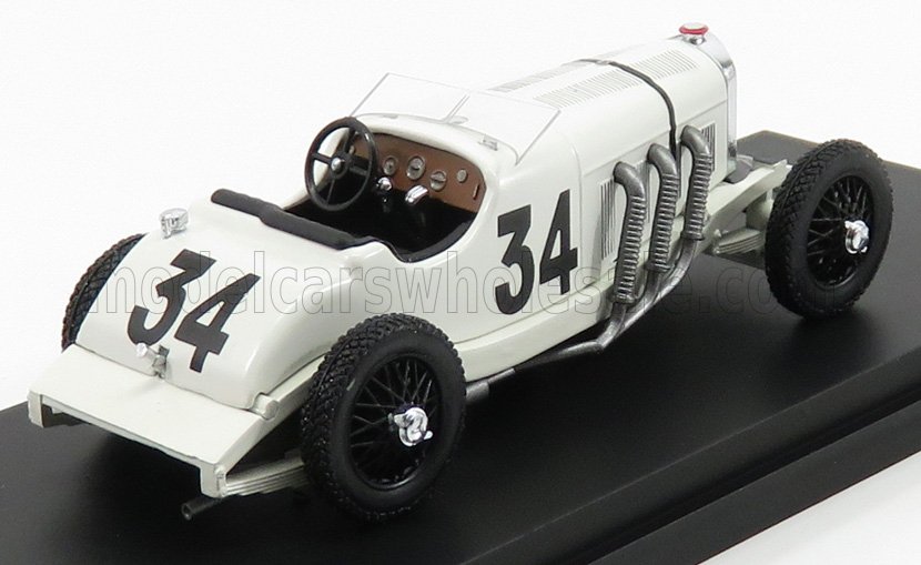 White vintage race car model with number 34 and detailed exhausts, featured on Vroomi store