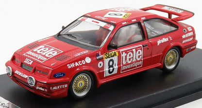 Red Ford Sierra race car model with Tele Moustique livery, number 8, detailed decals, on display stand, available on Vroomi