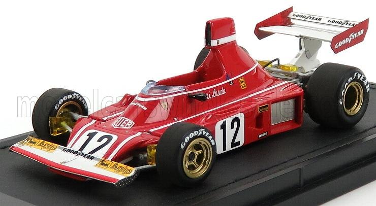 Red vintage Formula 1 race car model number 12 with Goodyear tires, featured on Vroomi