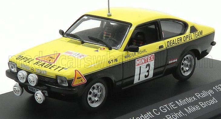 Modelo de coche de rally Opel Kadett C GT/E amarillo y negro con adhesivos Mintex 13, disponible en Vroomi.