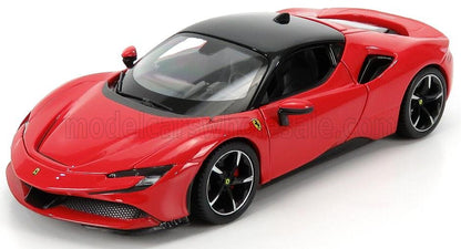 Modelo de coche deportivo Ferrari rojo y negro con un diseño elegante y ruedas detalladas, ahora disponible en Vroomi.