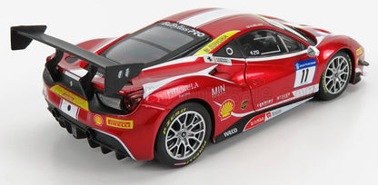 Modelo de coche de carreras Ferrari rojo con adhesivos de competición, neumáticos Pirelli y alerón trasero grande, disponible en Vroomi.