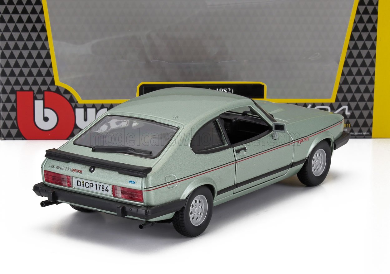 Coche de juguete Ford Capri 2.8 inyección de color verde con matrícula, disponible a través de Vroomi.