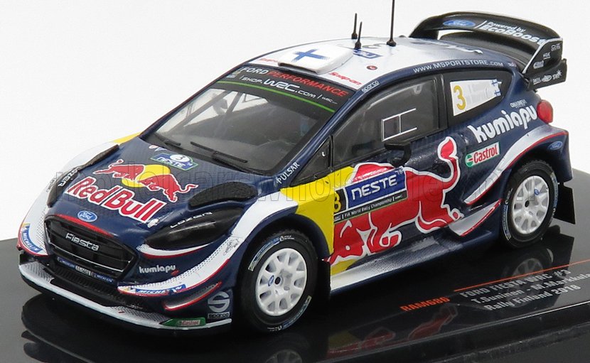 Modelo detallado del coche de rally Ford Fiesta WRC con la marca Red Bull Neste, disponible en Vroomi.