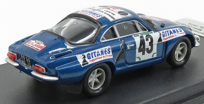 Modelo vintage azul del coche de rally Alpine con adhesivos de carreras y el número 43, vendido en Vroomi.