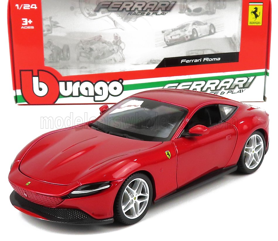 Coche modelo Ferrari Roma de Bburago a escala 1:24 en color rojo con diseño detallado, disponible en Vroomi.