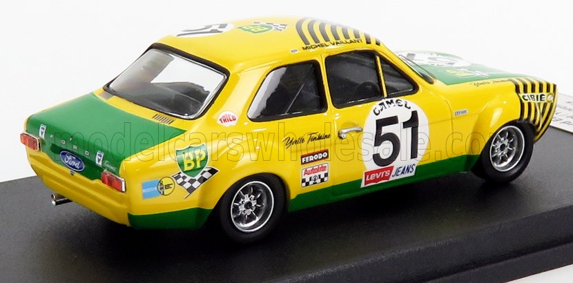 1/18 scale Ford Escort rally car model, yellow and green, collectible, now available online