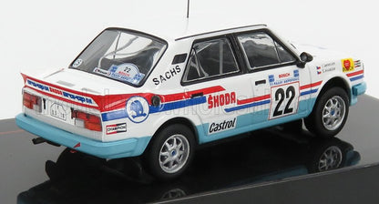 White Škoda rally car model with red and blue stripes, number 22, Castrol and Bosch logos, shown on black display base, available through Vroomi.