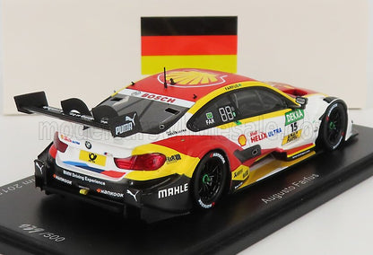 Modelo de coche de carreras BMW M4 DTM con logotipos de Shell y Puma, bandera alemana, disponible en Vroomi.
