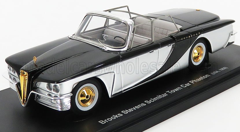 Modelo a escala de Brooks Stevens Scimitar Town Car Phaeton 1959 con carrocería negra y plateada, detalles dorados y techo descapotable, disponible en Vroomi.