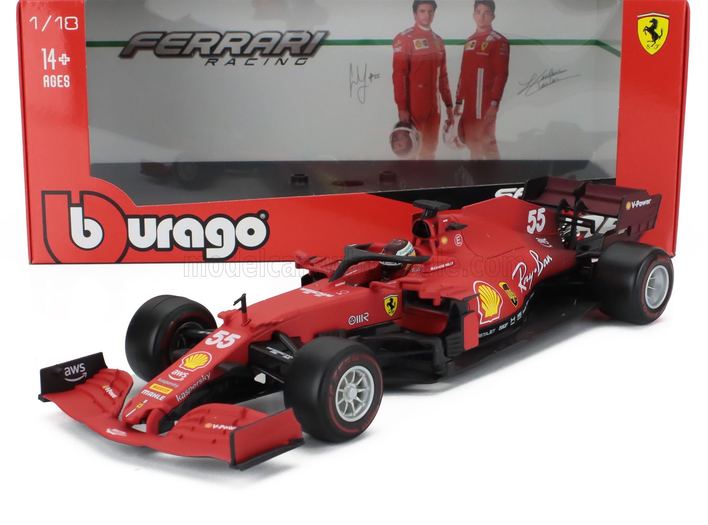 Modelo de coche Ferrari Racing F1 a escala 1/18 de Bburago, número 55, con detalles de los logotipos de Shell y Ray-Ban, disponible en Vroomi.