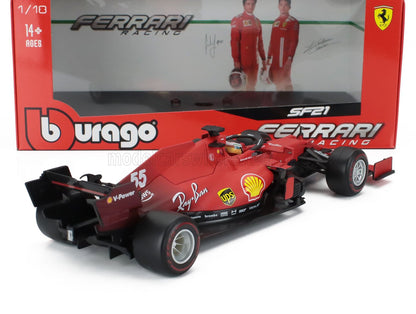 Coche a escala 1:18 Bburago Ferrari SF21 con decoración roja de competición y logotipos de patrocinadores, disponible en Vroomi.