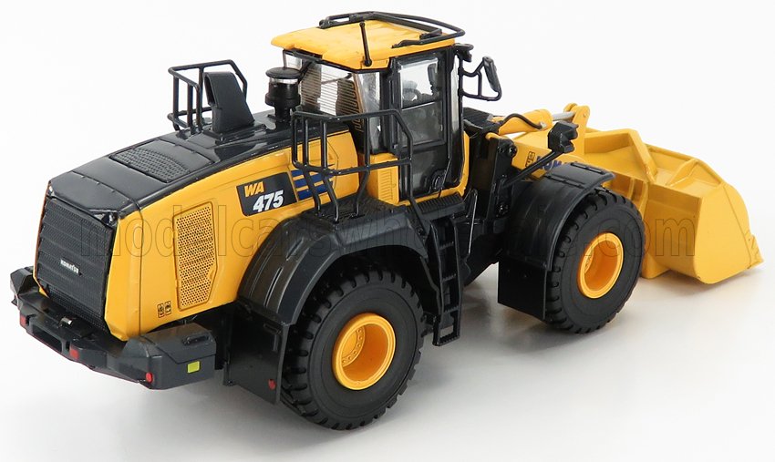 Maqueta a escala de la cargadora sobre ruedas Komatsu WA475 amarilla y negra, réplica detallada fabricada en metal fundido disponible en Vroomi.