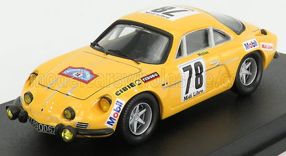 Modelo clásico amarillo del coche de rally Alpine con el número 78 y pegatinas de patrocinadores, disponible a través de Vroomi.