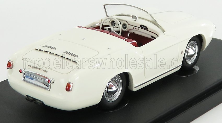 White classic Porsche convertible model car with red interior on display base, offered on Vroomi