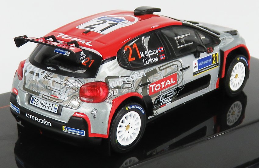 Modelo en miniatura de un coche de rally Citroën con decoración roja y gris, número 21, disponible en Vroomi.