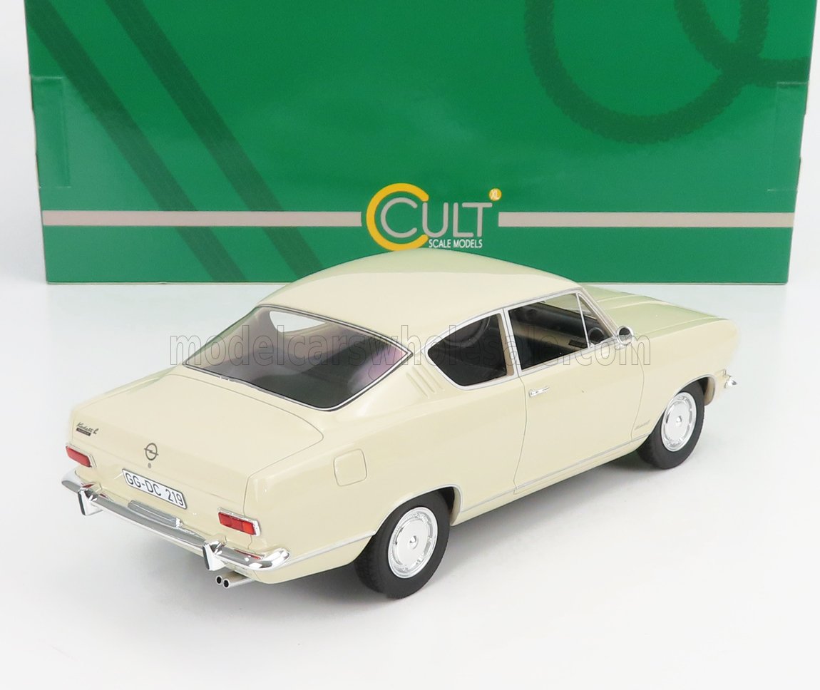 Coche en miniatura Opel Kadett B de color crema fabricado en metal fundido a presión, réplica de coleccionista, actualmente a la venta en Vroomi.