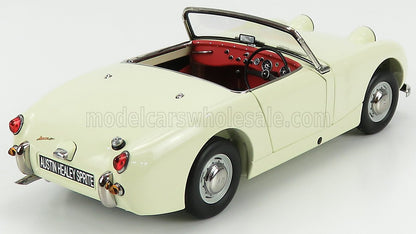 Coche clásico descapotable Austin Healey Sprite de color crema con interior rojo, disponible a través de Vroomi.