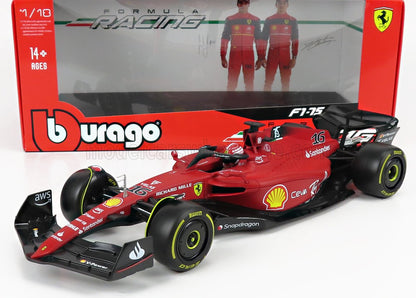 Modelo de coche de Fórmula 1 Ferrari F1-75 a escala 1:18 de Burago con logotipos detallados, disponible en Vroomi.