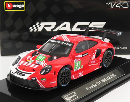Red and white Porsche 911 RSR LM 2020 1:43 scale model by Bburago, offered on Vroomi