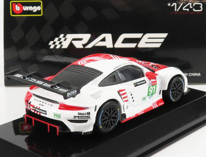 1/43 scale Bburago Porsche 911 RSR race car model in white and red, available on Vroomi
