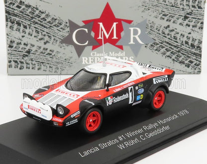 Modelo de coche de rally Lancia Stratos con ruedas rojas y adhesivos de patrocinadores, disponible en Vroomi.