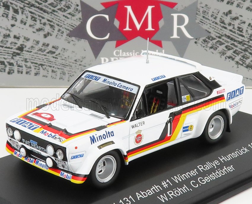 Modelo de coche de rally Fiat 131 Abarth blanco con logotipos de Minolta y FIAT, disponible en Vroomi.