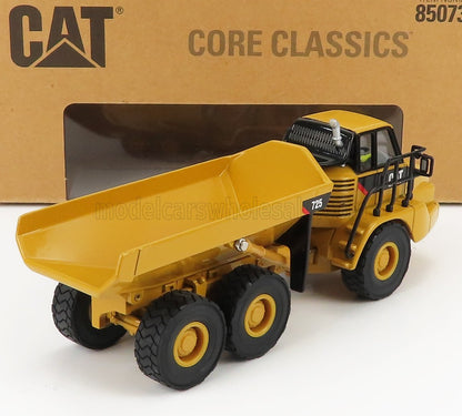 Modelo de camión volquete CAT 725 amarillo de la serie Core Classics, disponible a través del mercado Vroomi.