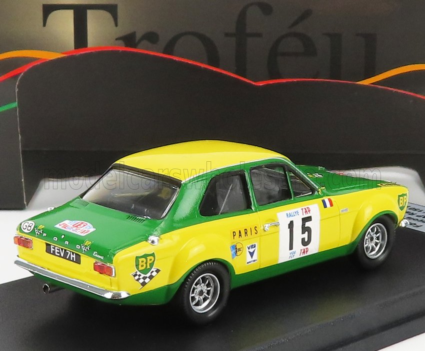 1/43 scale die-cast Ford Escort Mk1 rally model car in green and yellow, available online