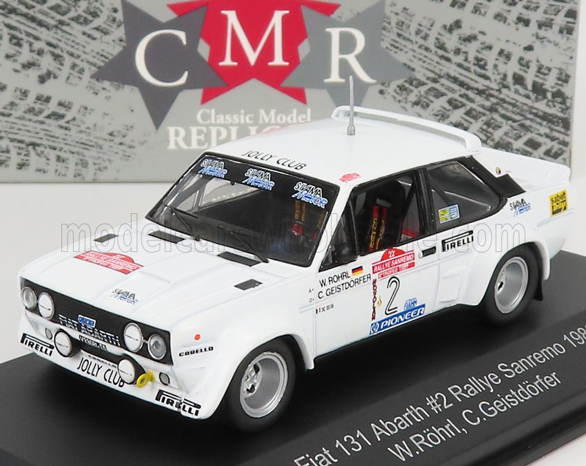 Modelo de coche de rally Fiat 131 Abarth blanco con adhesivos de patrocinadores, expuesto en un soporte, ofrecido a través de Vroomi.