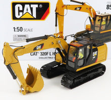 Maqueta de excavadora hidráulica CAT 320F L en amarillo y negro, juguete de cargadora de cadenas disponible en Vroomi.