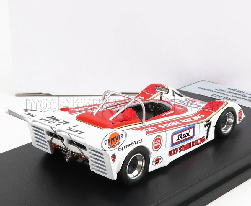 White and red Lucky Strike Racing model race car with number 7, detailed sponsor logos, available on Vroomi