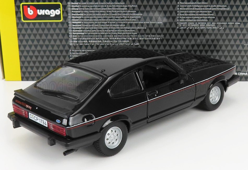 Coche en miniatura Bburago a escala 1:18, Ford Capri 2.8 inyección negro con franja roja, ya disponible en Vroomi.