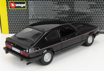 Coche en miniatura Bburago a escala 1:18, Ford Capri 2.8 inyección negro con franja roja, ya disponible en Vroomi.