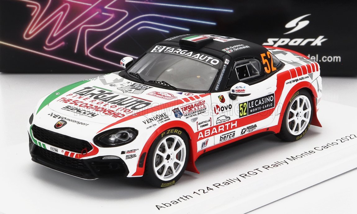 Modelo de coche Abarth 124 Rally RGT con adhesivos de carreras y el número 52, disponible en la plataforma Vroomi.