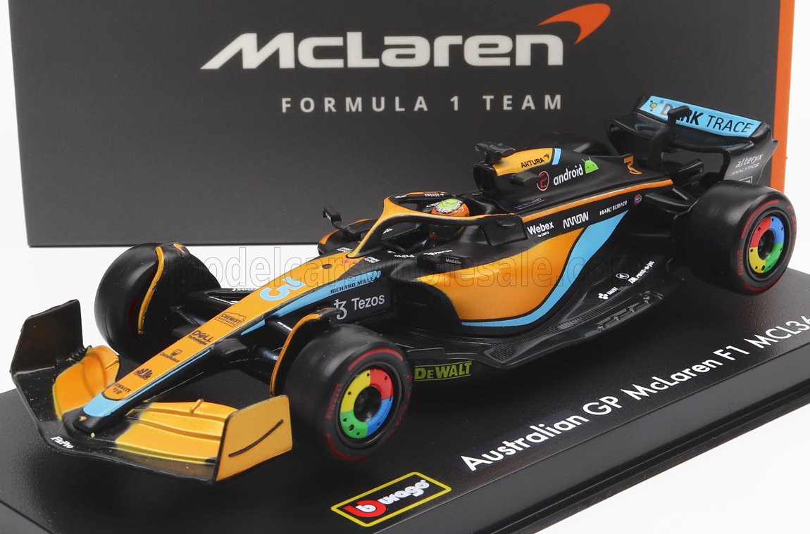 Modelo detallado del coche McLaren F1 del Gran Premio de Australia con colores naranja y azul, presentado en la plataforma Vroomi.