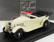 Cream vintage convertible model car with black interior and wheels, showcased on black base, available via Vroomi