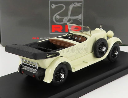 Vintage cream convertible model car with black soft top, brown interior, and spare tire on side, offered on Vroomi