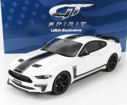 Coche a escala 1/18 Ford Mustang 5.0 de GT Spirit, fabricado en metal fundido a presión, con rayas negras de carreras, disponible en Vroomi.