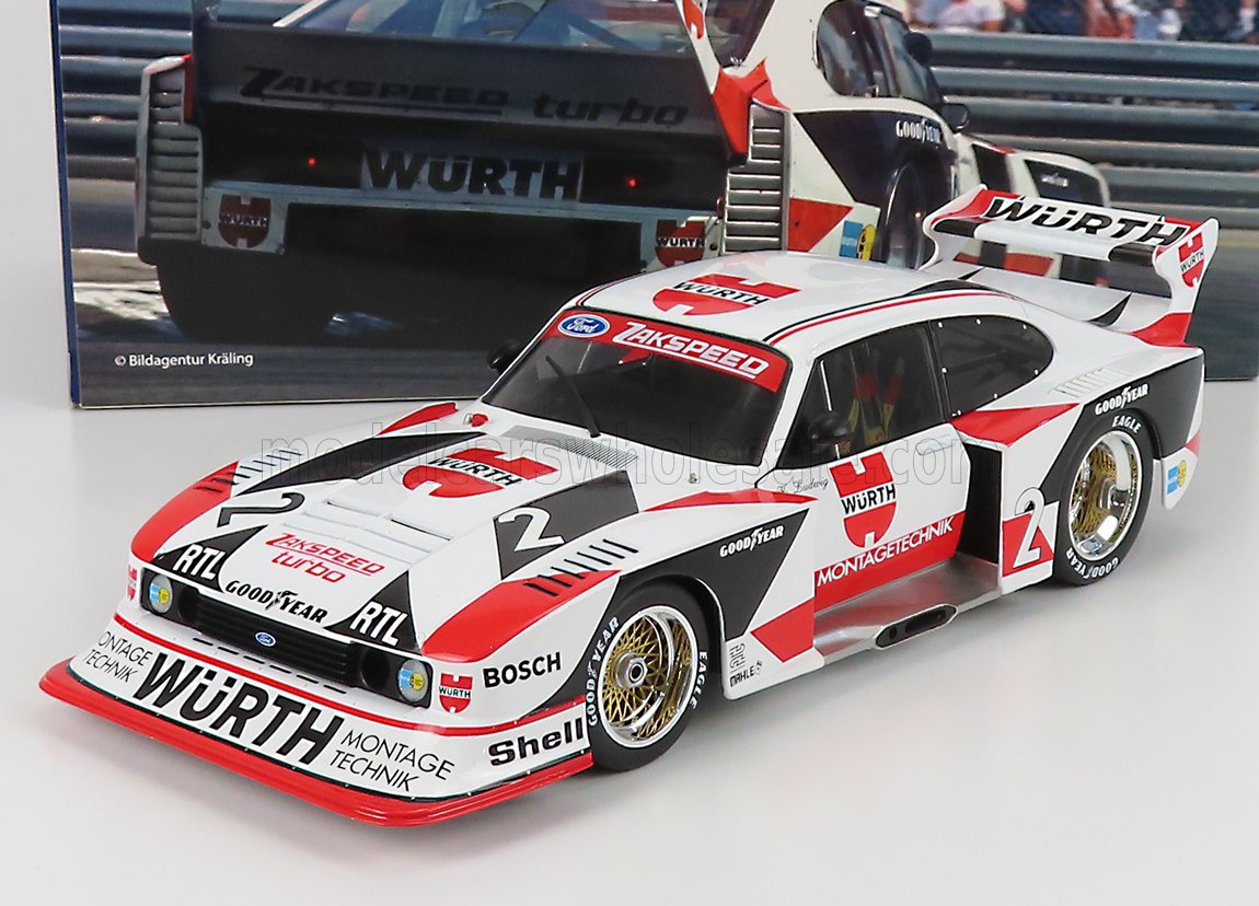 Diecast model of white and red Zakspeed Ford Capri race car with Wurth logos, offered on Vroomi