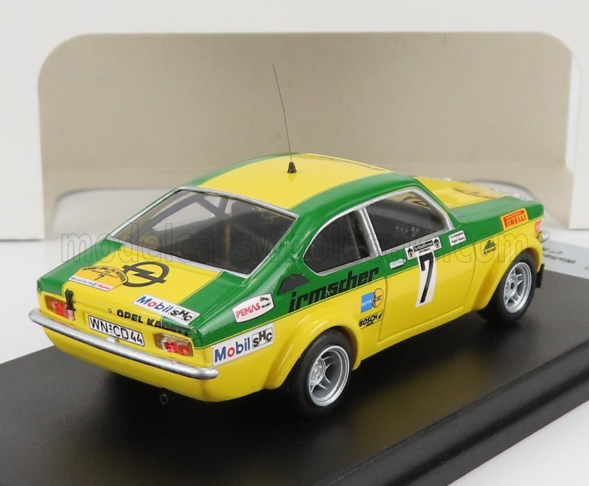 yellow and green Opel Kadett race car model with number 7 and sponsor decals, shown on display stand available on Vroomi